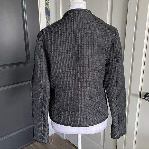 All Saints Black Wool Blend Quilted Moto Jacket with Leather Trim Size 8 - Picture 6 of 11